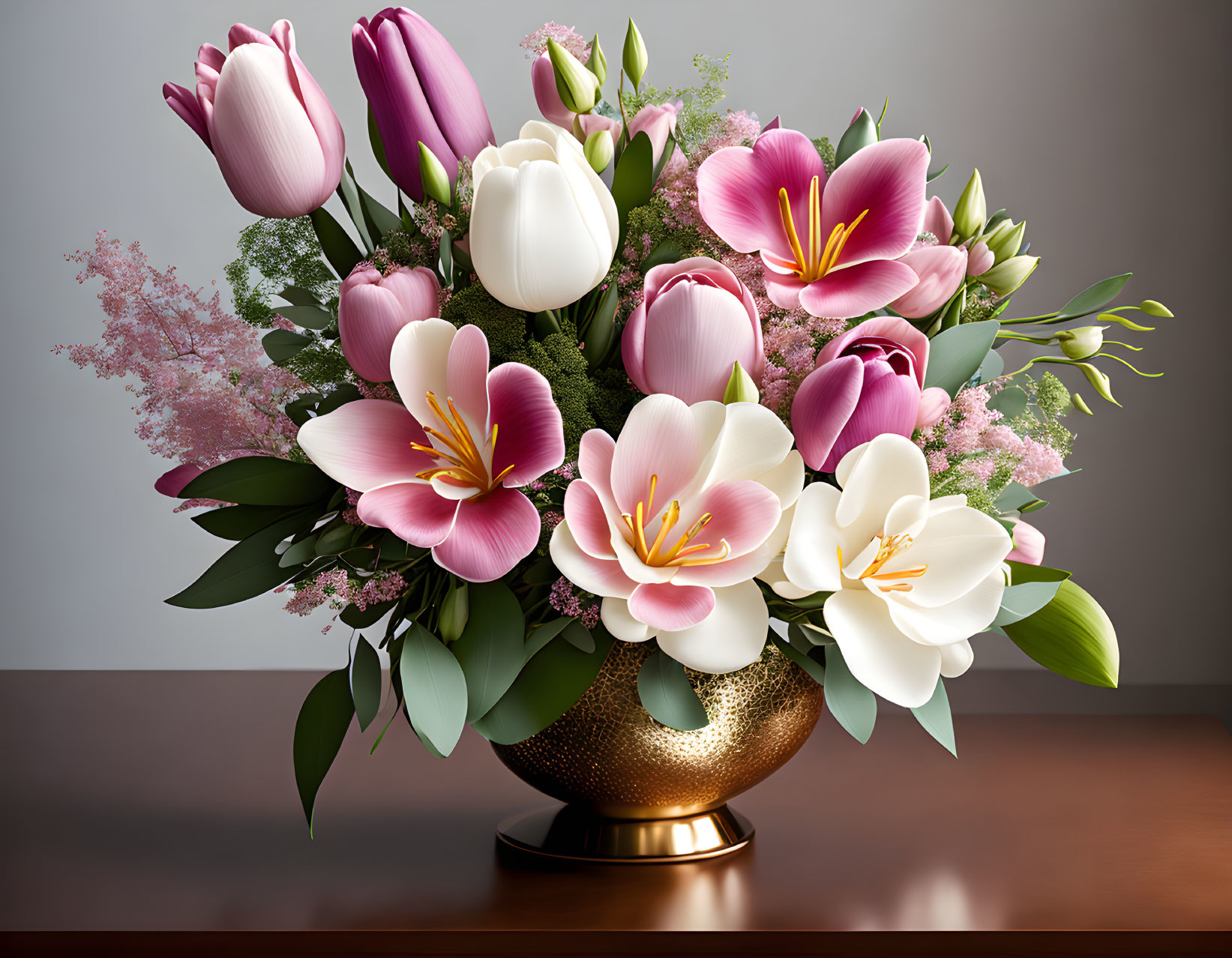Pink Tulips and White-Pink Lilies in Golden Vase Bouquet Display