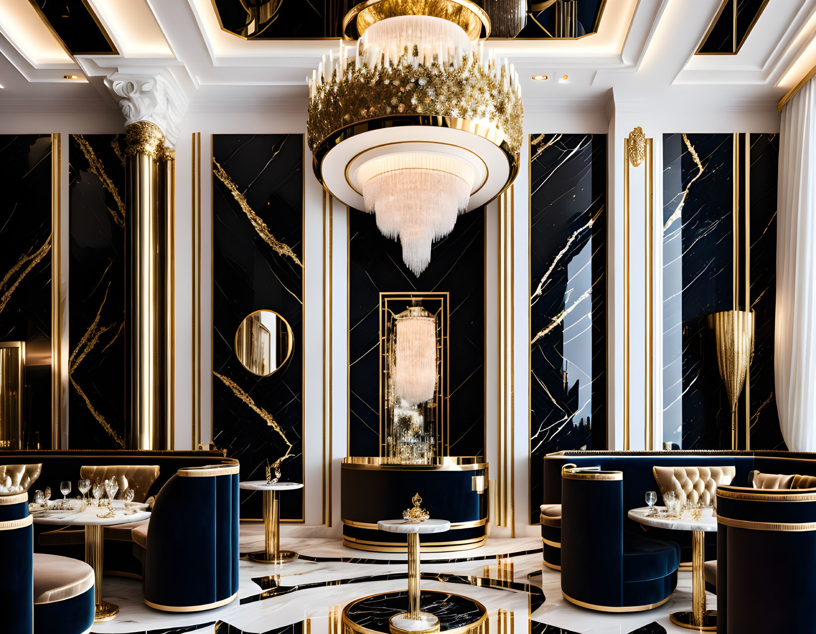 Luxurious Dining Area with Black Marble Walls and Gold Accents
