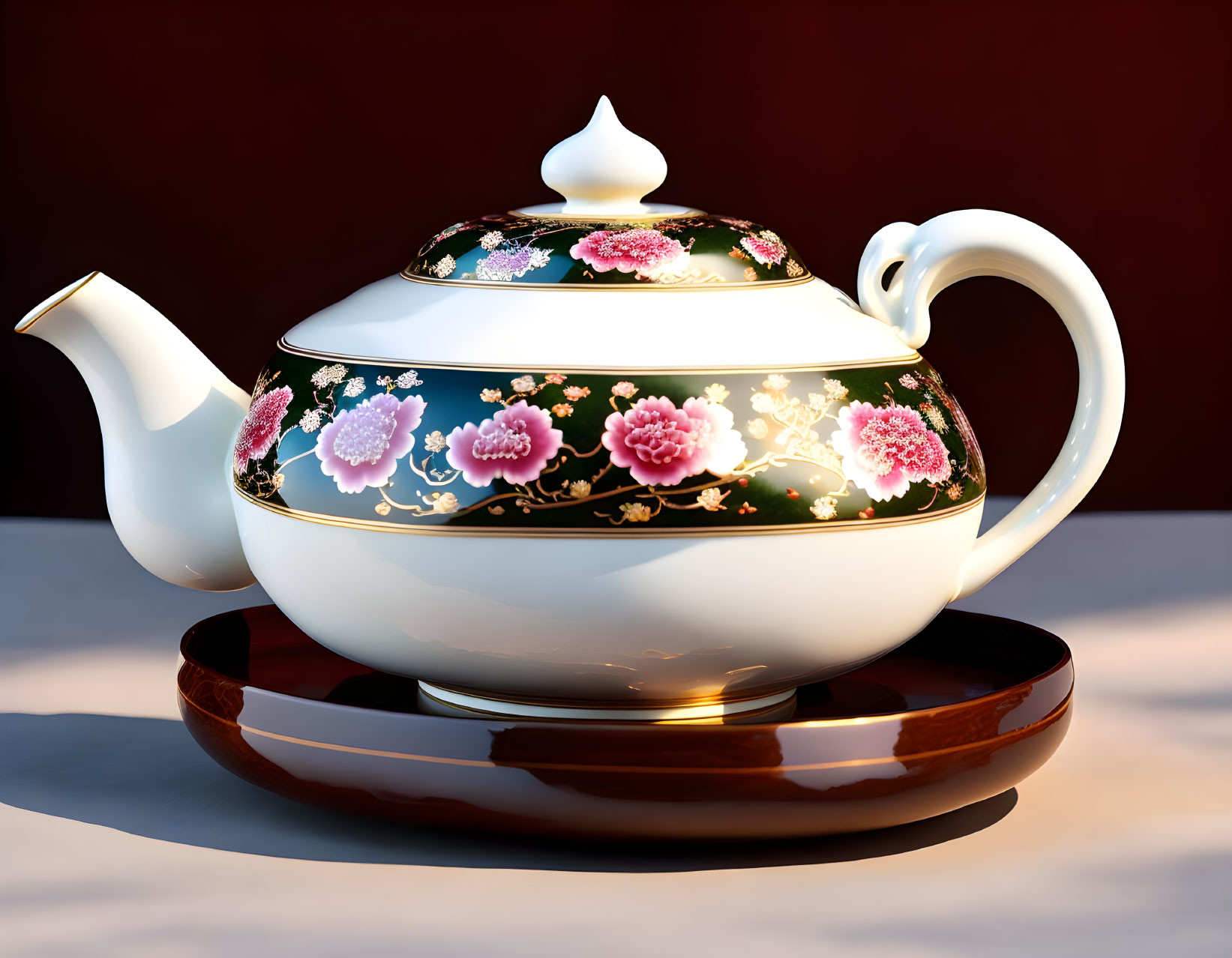 Floral Pattern Porcelain Teapot on Wooden Tray Displayed on Dark Background