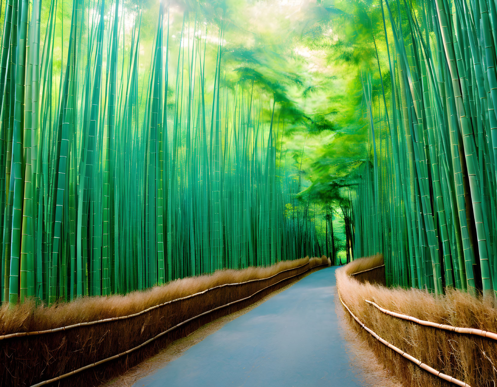 Tranquil Path Through Dense Bamboo Forest