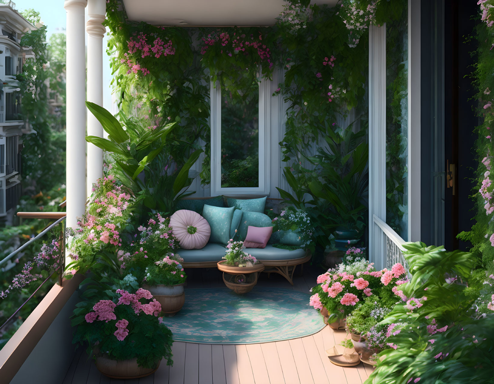 Balcony garden with daybed, vibrant pillows, pink flowers, green plants, urban view