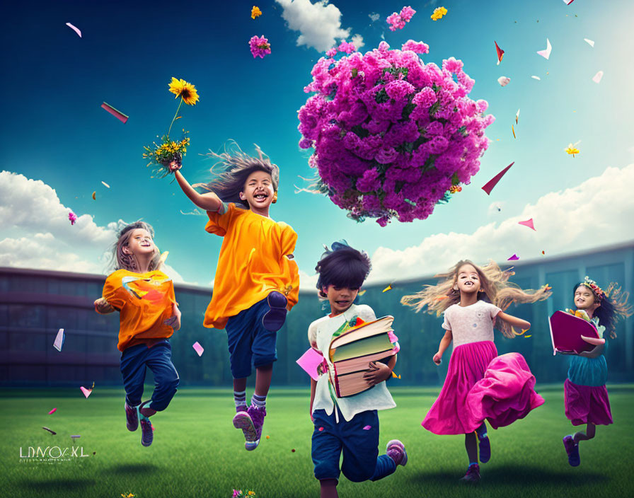 Children playing in field with books and floral cloud, paper planes and petals under blue sky