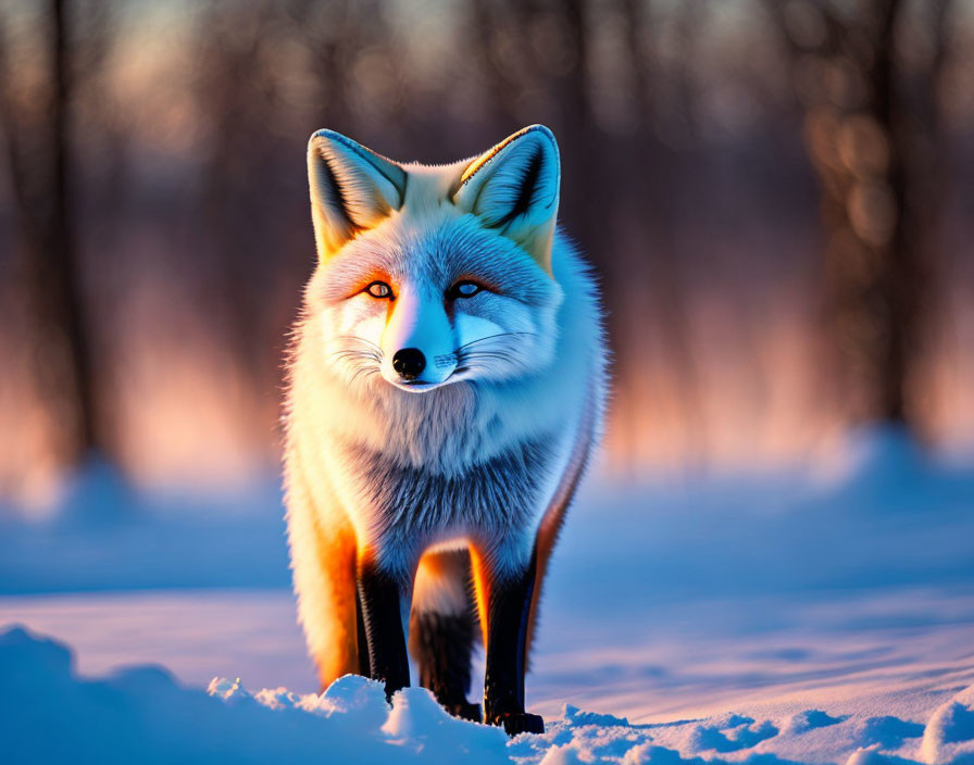 Red Fox in Snowy Sunset: Contrasting Orange Fur Against Blue Snow