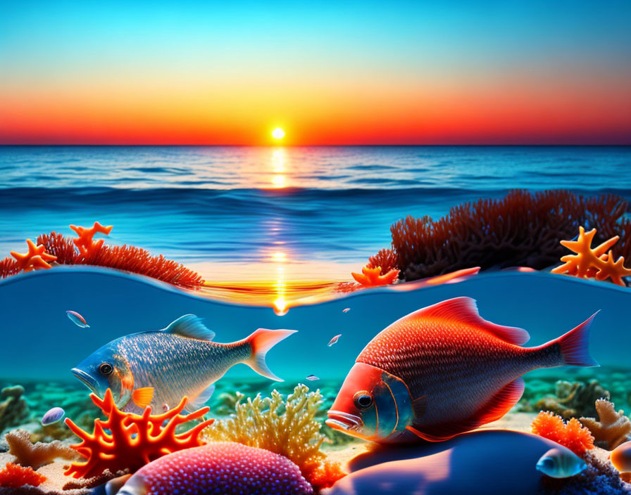 Colorful Fish and Corals in Vibrant Underwater Sunset Scene