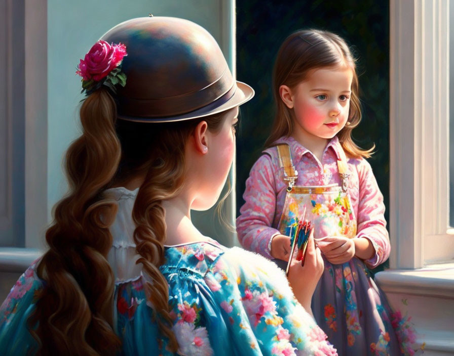 Two girls in a painting with helmet, braided hair, and paintbrushes by a window