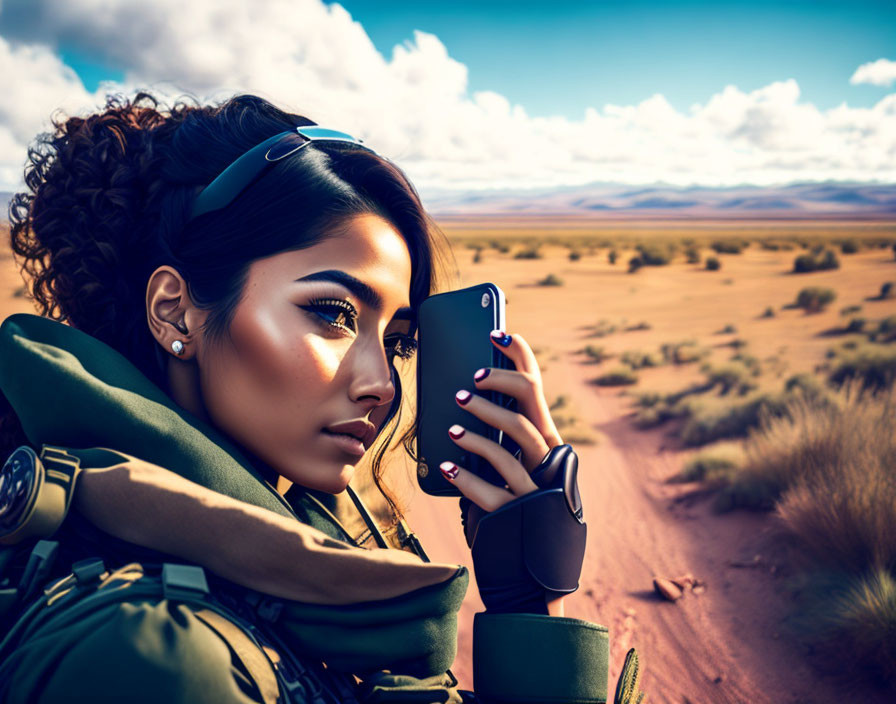 Curly-haired woman with smartphone in desert landscape