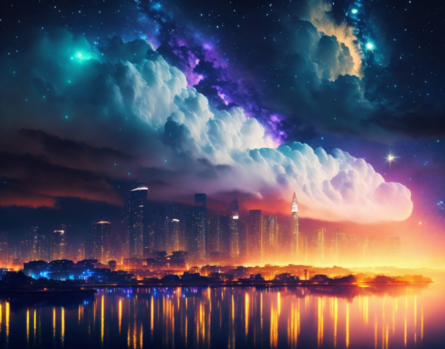 City skyline under cosmic night sky with stars and nebulae reflected in water