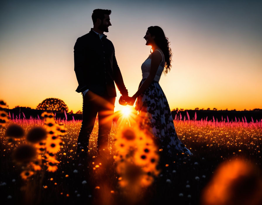 Couple Holding Hands in Field at Sunset with Pink Flowers