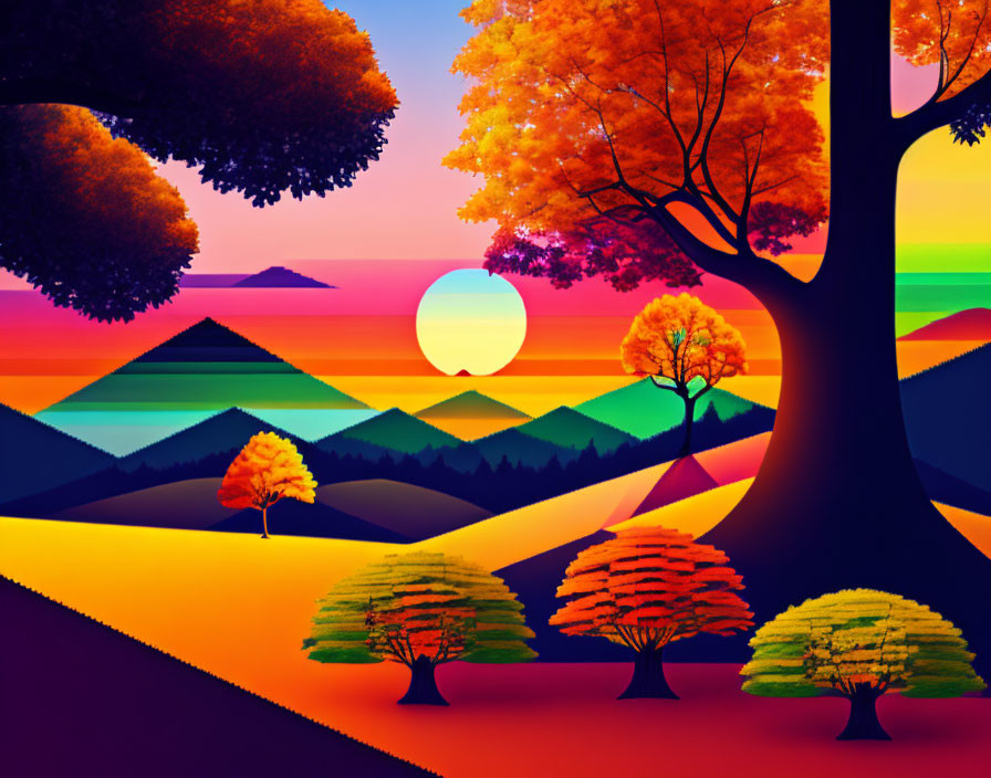 Vibrant Autumn Landscape with Stylized Trees and Sunset