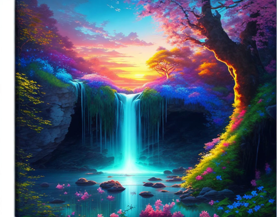 Fantasy landscape with illuminated trees and waterfall