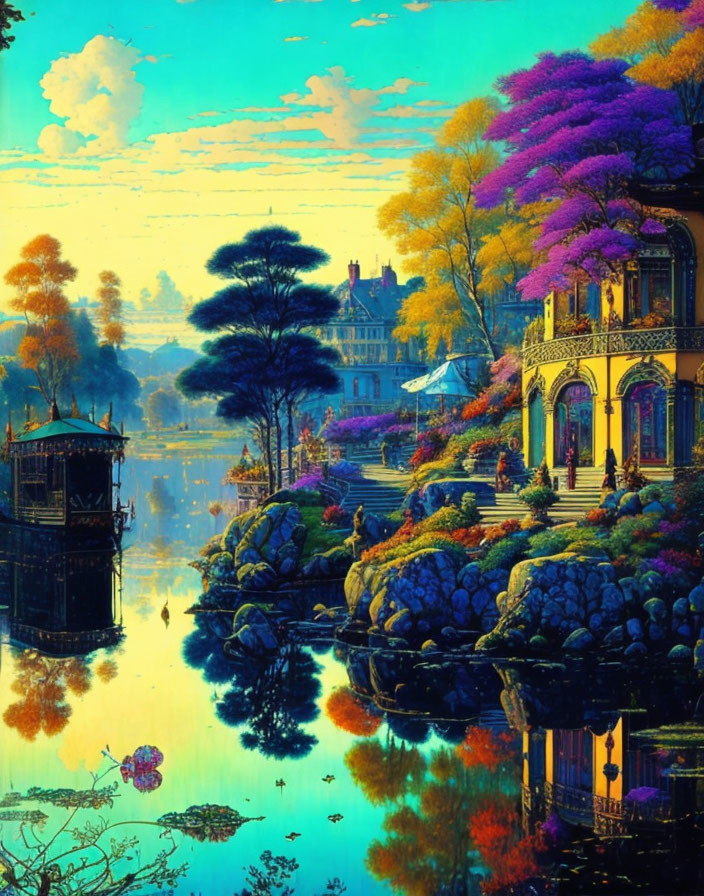 Colorful River Landscape with Mansion and Balcony