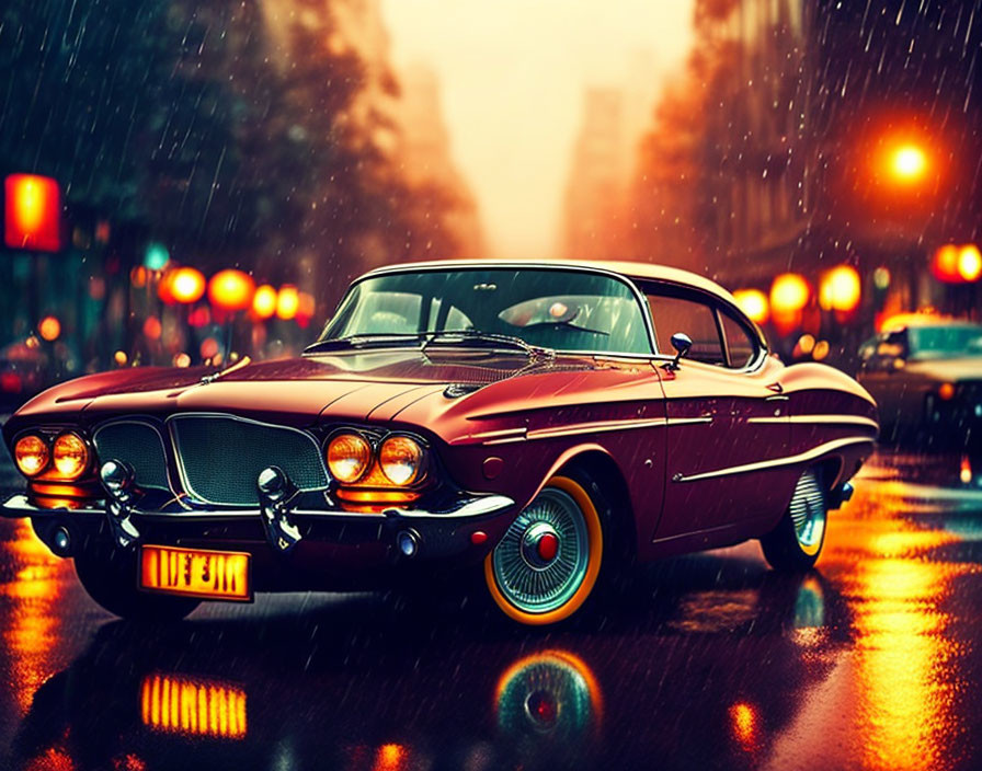 Classic Vintage Car on Rain-Soaked City Street with Vibrant Colors and Reflections