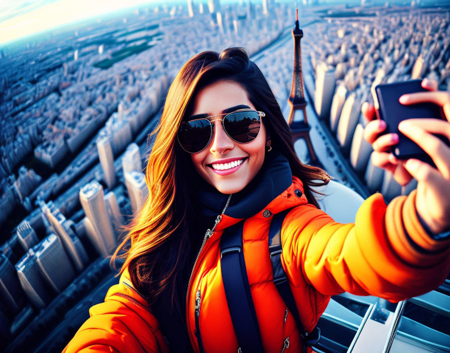 Woman in sunglasses and orange jacket selfie with city skyline and Eiffel Tower.