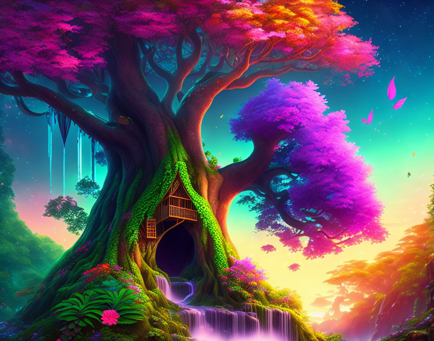 Fantasy forest scene with large treehouse, purple foliage, waterfall