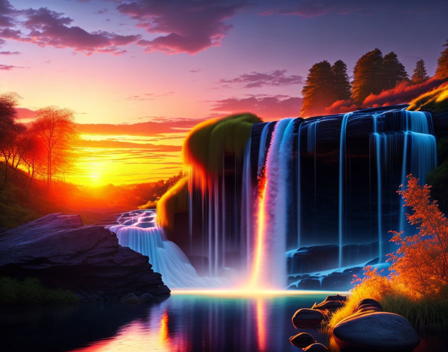 Colorful Sunset Waterfall Reflecting in Tranquil Forest