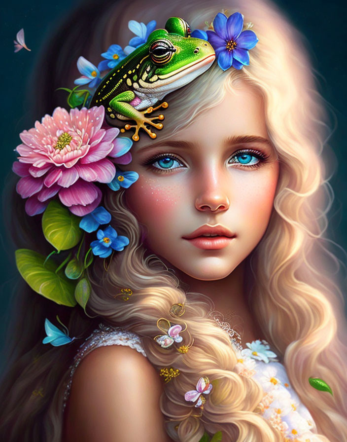 Digital Artwork: Girl with Blue Eyes, Blonde Hair, Flowers, and Frog