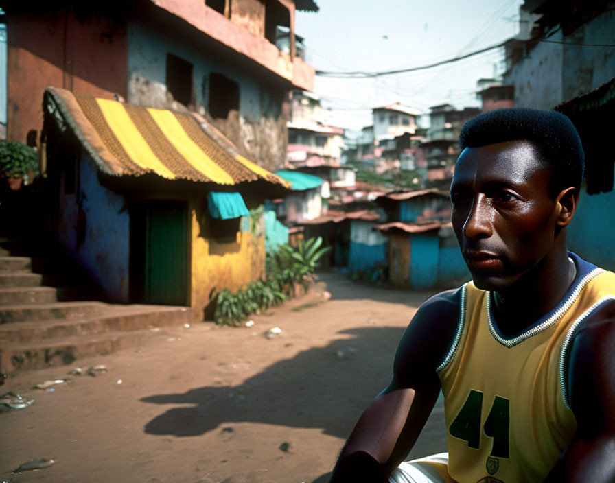 Man in Yellow Tank Top Sitting in Colorful Street with Houses