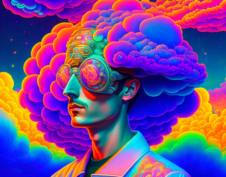 Vibrant digital artwork: man with cybernetic enhancements in surrealistic background