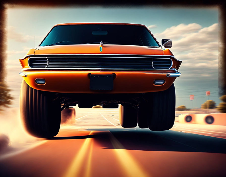 Vintage Muscle Car Wheelie Sunset Drive Scene