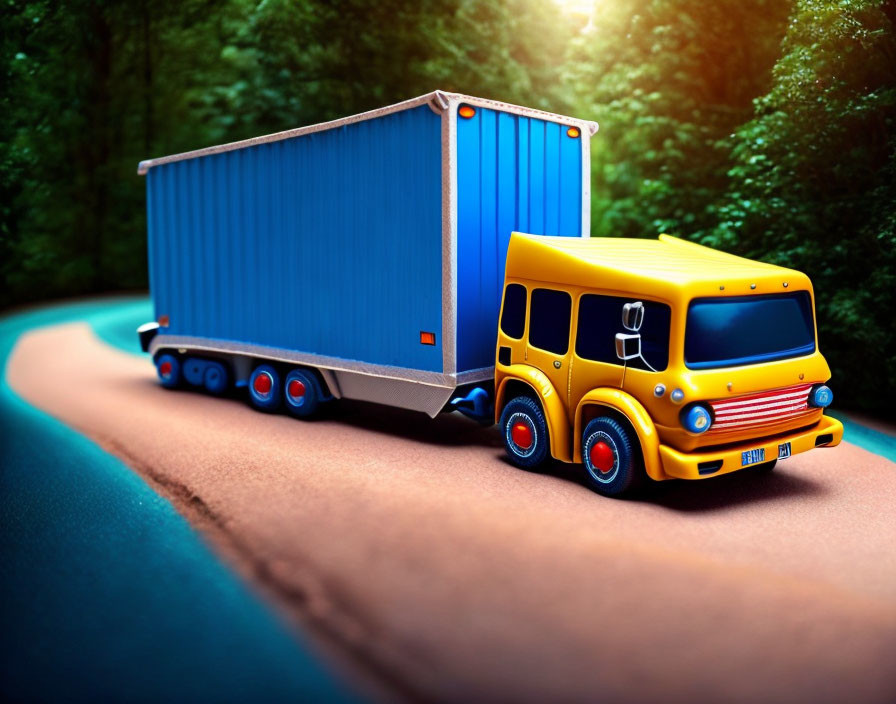 Colorful Toy Truck Carrying Blue Container Through Lush Green Landscape