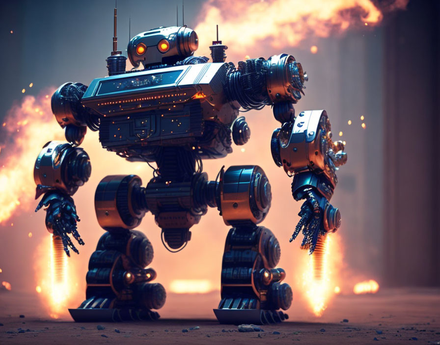 Detailed Robot Amidst Fiery Explosions and Smoke