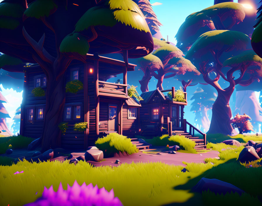 Stylized wooden house in vibrant cartoon-like setting