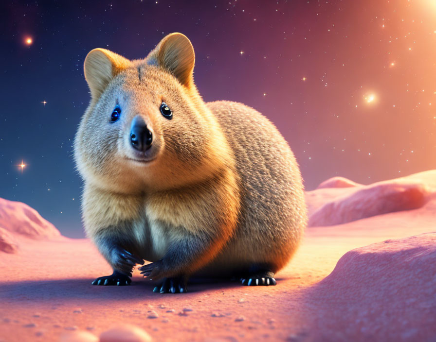 Chubby quokka on pink-purple fantasy landscape