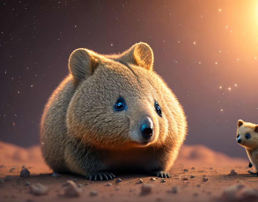 Cute oversized wombat-like creatures in a starry sky with orange sunset