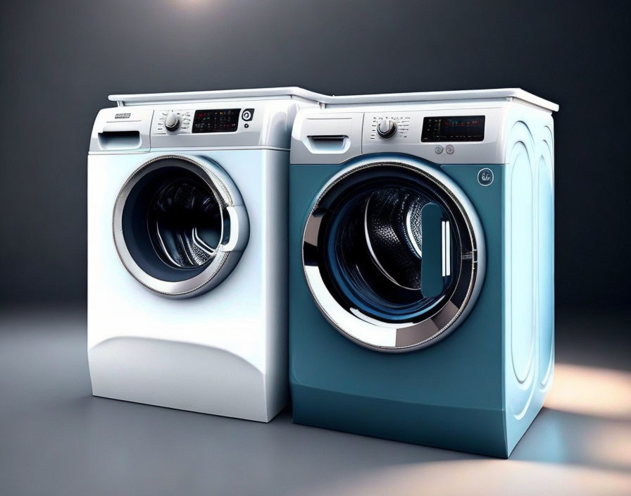 Two Front-Loading Washing Machines: White and Blue Side by Side