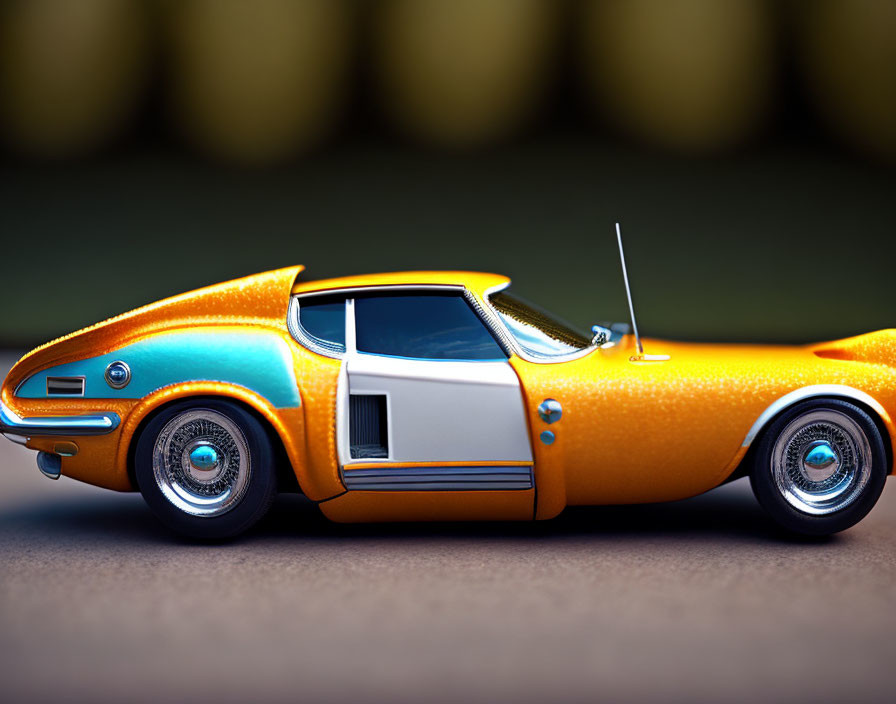 Shiny orange toy car with white stripes and chrome details