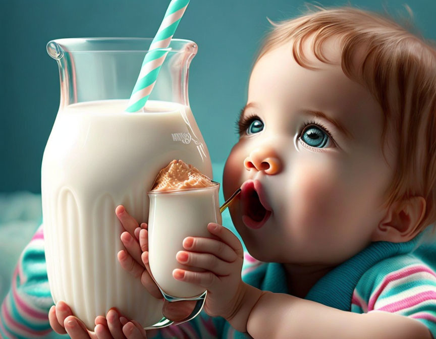 Wide-eyed baby sipping milk from large jug with striped straw