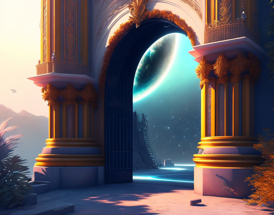 Opulent gateway reveals cosmic vista with large planet and stars