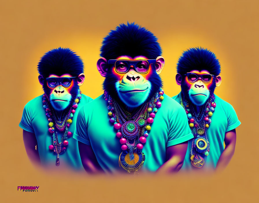 Neon-hued baboons in glasses, beads, and shirts on orange backdrop