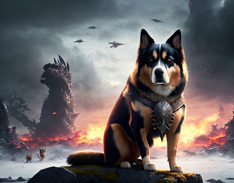 Dog with collar on rock amidst dramatic monster-filled scene