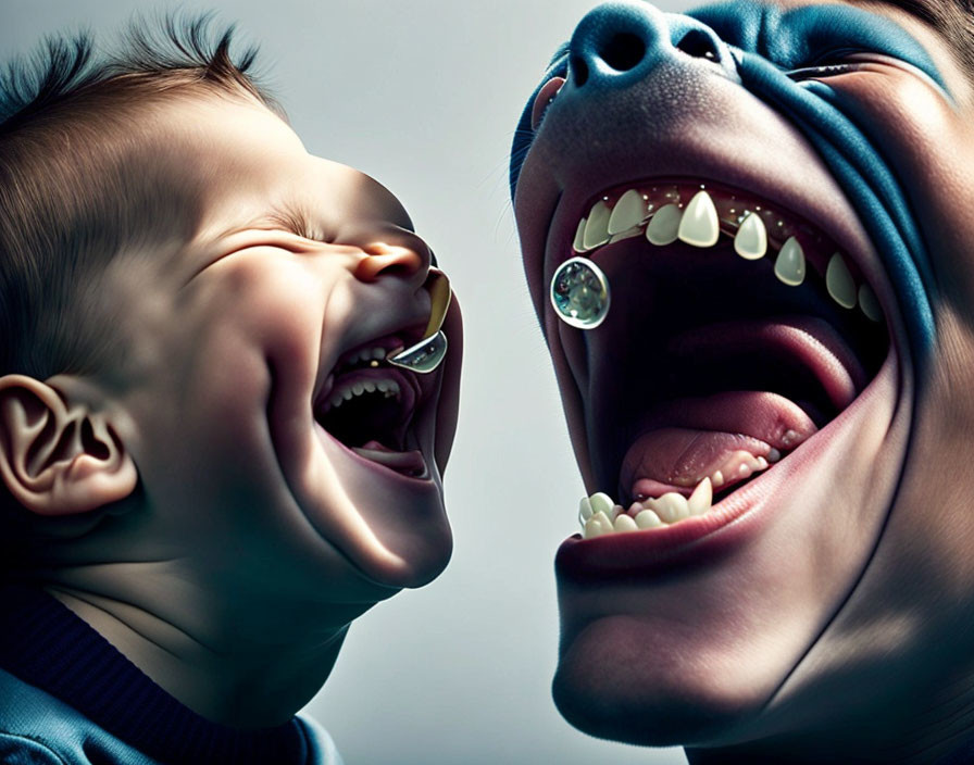 Exaggerated facial features of two people laughing with detailed teeth and gums on a blue background