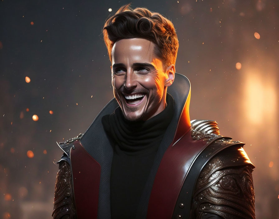 Smiling man in futuristic armor with stylish haircut in atmospheric backdrop