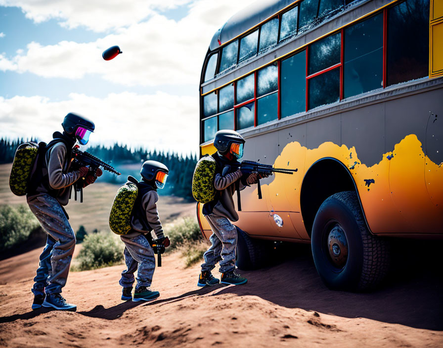 Paintball players in protective gear aiming at target near yellow bus