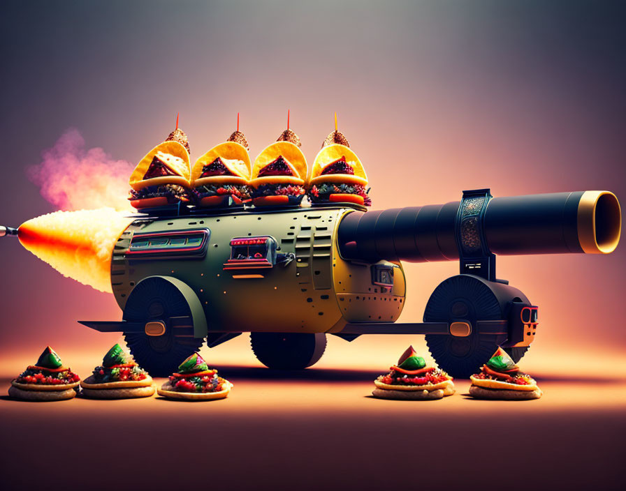 Fast food tank illustration with burger wheels and taco cannon.