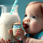 Wide-eyed baby sipping milk from large jug with striped straw