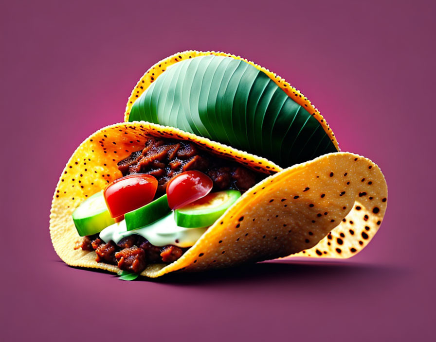 Stylized taco with meat, tomatoes, avocado, and sour cream on purple background