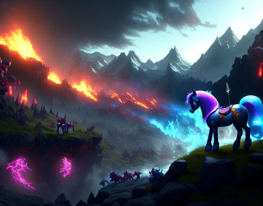 Fantasy landscape with purple unicorn, fiery skies, molten river