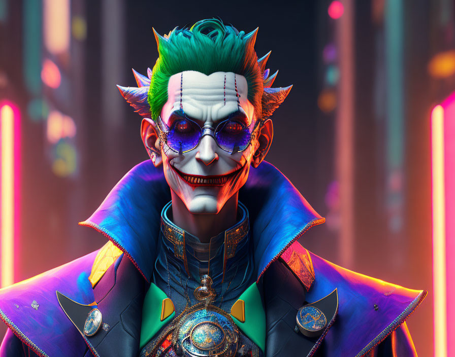 Colorful 3D Joker-like character in vibrant futuristic outfit