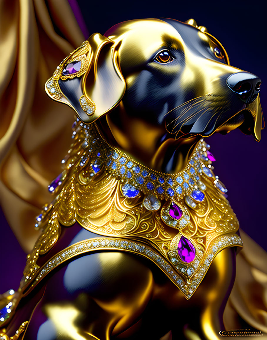 Regal Dog Illustration with Gold and Gemstone Collar on Purple Background