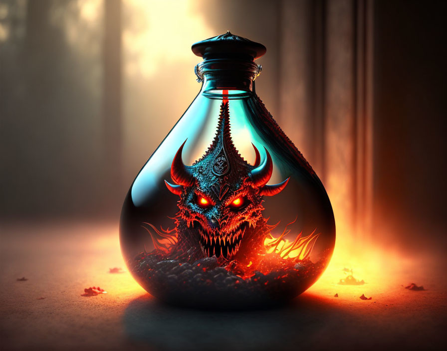 Fantastical dark red and black dragon-like creature in glass bottle with eerie light.