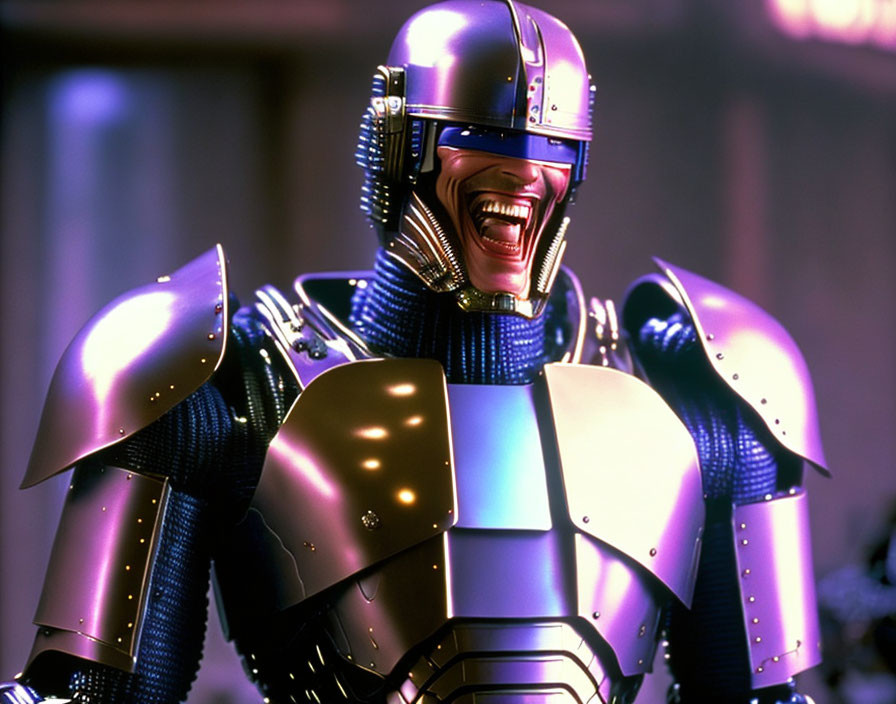 Metallic humanoid robot in armor with visored helmet and human-like teeth laughing.