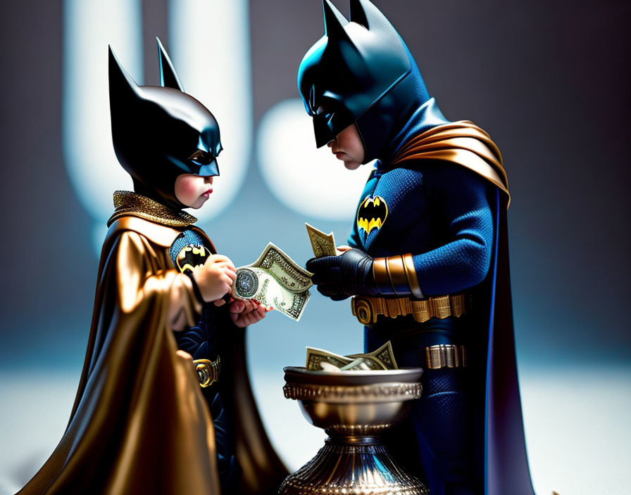 Two Batman figures exchanging a dollar bill, one smaller than the other