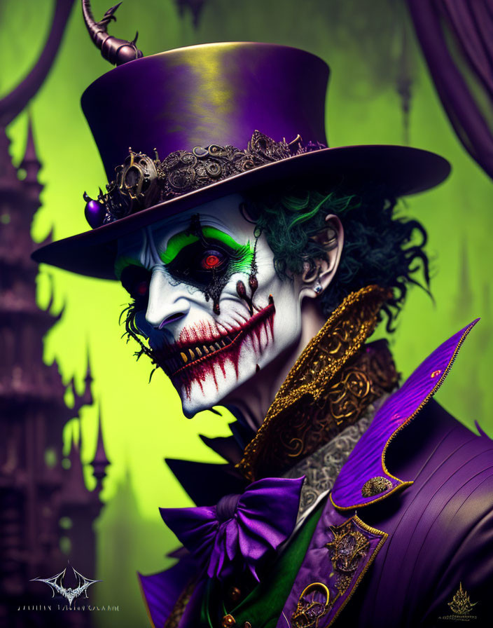 Person in purple Joker-like outfit with green hair and makeup on green backdrop