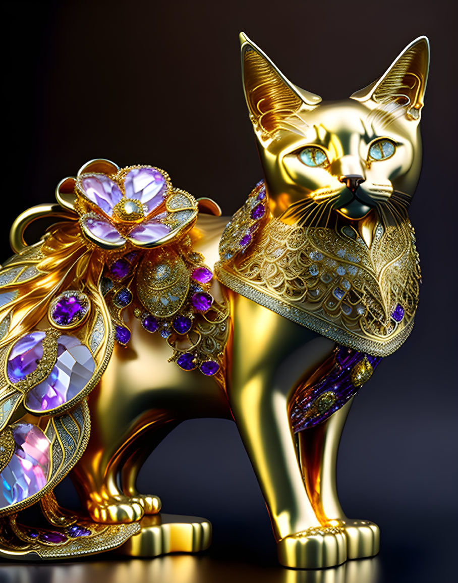 Golden Cat Figurine with Jeweled Accents on Dark Background