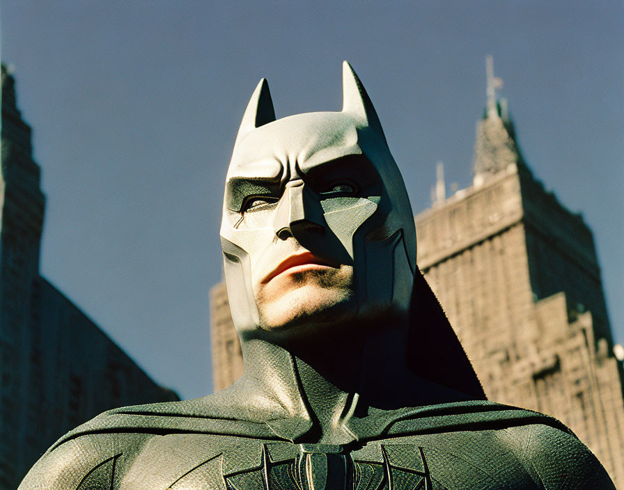 Person in Batman costume with city skyline backdrop