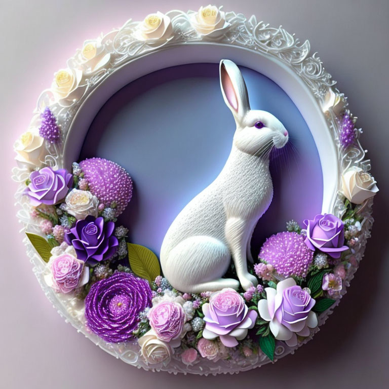 Colorful Floral 3D Frame with White Rabbit and Roses